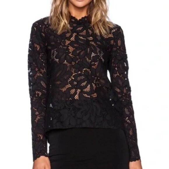 Alexis Anguilla Sheer Lace Scallop Blouse Top Split Open Back Black XS - Picture 1 of 2